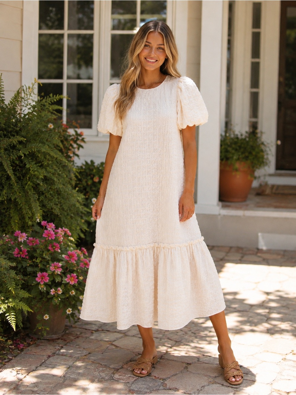 Women’s Cream Puff Sleeve Textured Midi Dress